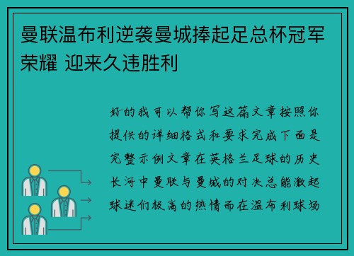 曼联温布利逆袭曼城捧起足总杯冠军荣耀 迎来久违胜利
